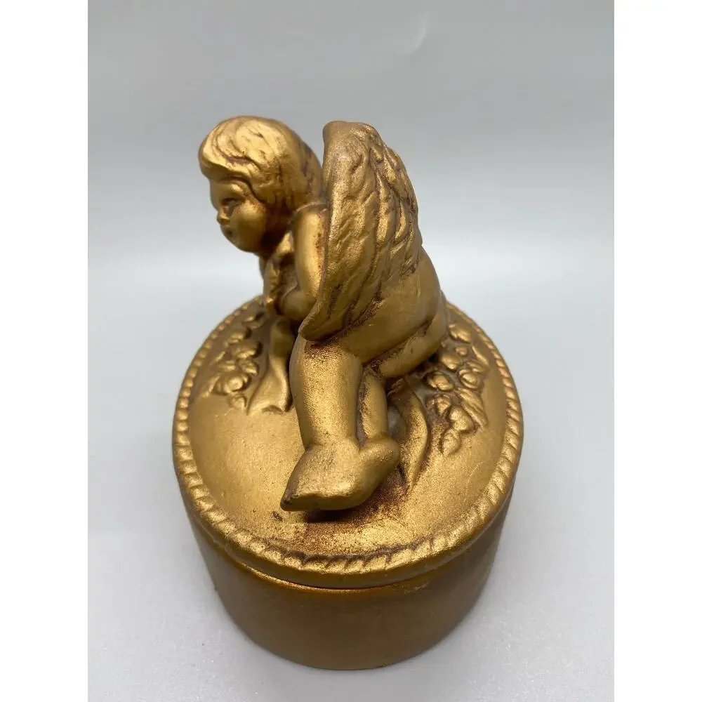 Vintage Ceramic Gold Toned Angel Cherub Trinket Box Jewelry Box Valentines Day